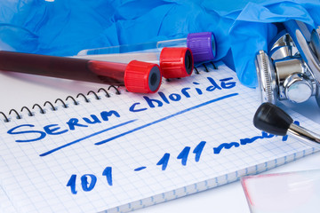 Chloride in serum or blood in basic metabolic or biochemic test. Laboratory test tubes with blood...
