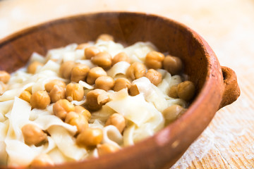 Lagane e ceci, dish of italian pasta with chickpeas, typical Italian Food