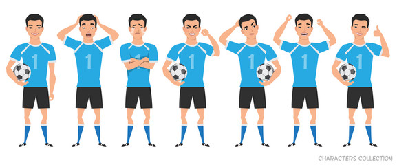 Obraz premium Footballer character constructor. asian soccer player different postures, emotions set