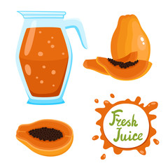 Vector set of papaya juice and papaya isolated on white