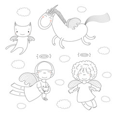 Hand drawn black and white vector illustration of cute little angel girls, one holding a kitten, cat with wings and unicorn. Isolated objects. Design concept for children coloring pages.