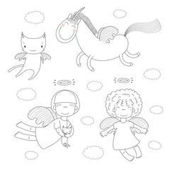 Sierkussen Hand drawn black and white vector illustration of cute little angel girls, one holding a kitten, cat with wings and unicorn. Isolated objects. Design concept for children coloring pages. © Maria Skrigan