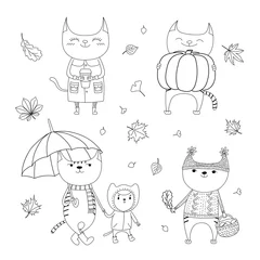 Sierkussen Hand drawn black and white vector illustration of cute cats, with paper cup, basket with mushrooms, pumpkin, umbrella, falling leaves. Isolated objects. Design concept for children coloring pages. © Maria Skrigan