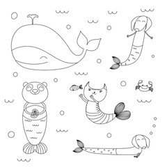 Illustration vectorielle en noir et blanc dessinée à la main d& 39 une baleine mignonne, d& 39 un chat sirène, de teckels, d& 39 un panda, d& 39 un poisson, d& 39 un crabe, nageant dans la mer. Objets isolés. Concept de design pour les pages à colorier de