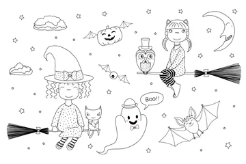 Papier Peint photo Lavable Illustration Illustration vectorielle en noir et blanc dessinée à la main de jolies filles sorcières drôles volant sur des balais, citrouille avec ailes, chauve-souris, fantôme, chouette, chat, lune. Objets isolés. Concept de design pour les pages à colorier pour enfa