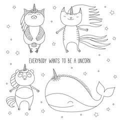 Papier Peint photo Illustration Hand drawn black and white vector illustration of cute whale, cat, panda, and owl as unicorns flying among the stars. Isolated objects. Design concept for children coloring pages.