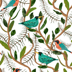 Seamless pattern with tropical birds, liana and leaves. Exotic botanical background. Vector illustration in watercolor style 
