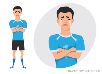 Asian football player crossed his arms and cries. Mans tears and depression. The emotion of disappointment and sadness at the soccer player face. The male was crying