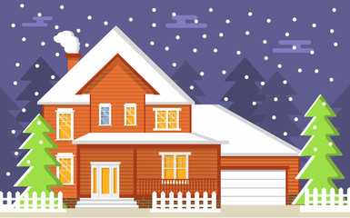Night winter rural landscape fir-trees country private cottage with a garage and the falling snow chimney.Wooden classical house.Concept of design of the building of a townhouse for rent or sale. 