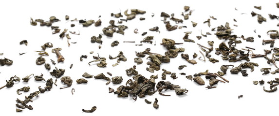 Green tea leaves isolated on white background