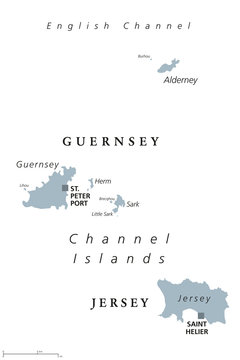 Guernsey and Jersey political map. Channel Islands. Crown dependencies. Archipelago in English Channel off the French coast of Normandy. English labeling. Gray illustration on white background. Vector