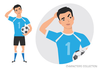 Asian football player is pensive, thinking. Portrait of handsome young thoughtful soccer player. Vector character in cartoon style