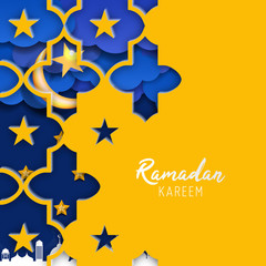 Ramadan Kareem horizontal vector banner, text in middle with lantern and Mosque. Ramadan Kareem ads, flyer, invitation, greeting card. Islamic background.