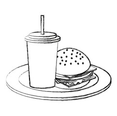 dish with delicious burger and soda vector illustration design