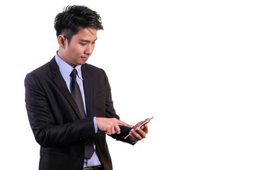 Businessman using smart phone isolated on white background.