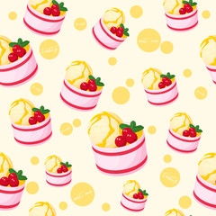 Colorful seamless pattern with tasty ice-cream with berries and mint in cartoon style. Vector illustration. Desserts Collection.