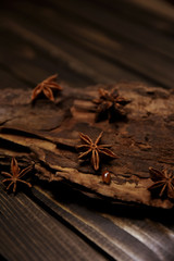Star anise on the bark of a tree. Art soft focus and toned.