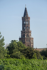 Fototapeta na wymiar Chiaravalle Milanese, belfry of the church