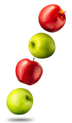 Falling red and green apples isolated on white background with clipping path and shiny reflections