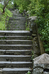 Old door with steps and red wall
