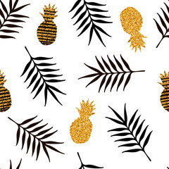 Seamless pattern with gold pineapples and black tropical leaves.