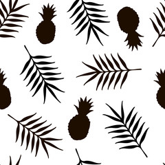 Seamless pattern with black pineapple and tropical leaves.