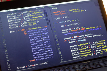 PHP back-end code. Computer programming source code. Abstract screen of web developer. Digital...