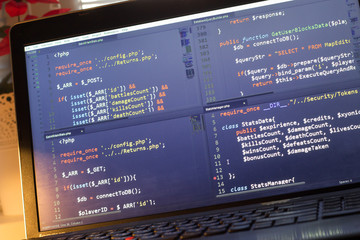 PHP back-end code. Computer programming source code. Abstract screen of web developer. Digital technology modern background. Code is created by myself.