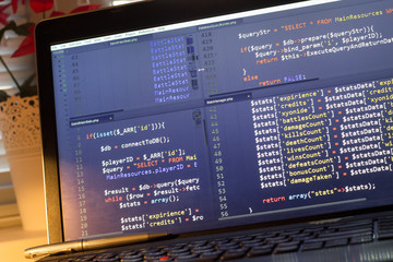 PHP back-end code. Computer programming source code. Abstract screen of web developer. Digital technology modern background. Code is created by myself.