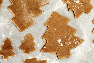 Preparation of ginger biscuits.  Cutting figured cookies in the form of Christmas tree.  New Year's Eve symbol.