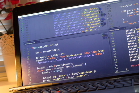 PHP back-end code. Computer programming source code. Abstract screen of web developer. Digital technology modern background. Code is created by myself.
