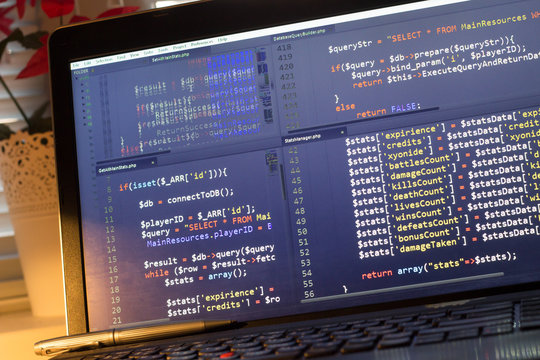 PHP back-end code. Computer programming source code. Abstract screen of web developer. Digital technology modern background. Code is created by myself.