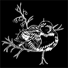 Illustration of two birds on a branch. Black and white drawing. Chalk on a blackboard