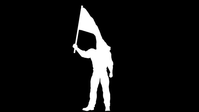White silhouette of a man with a flag. Alpha channel. Alpha matte. Full HD.
