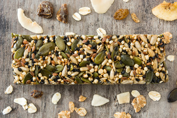 Muesli bar on wooden table. Top view