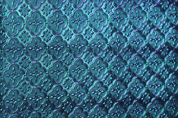 Blue, denim and tiffany background glass. Old vintage glass with an abstract floral and geometric...