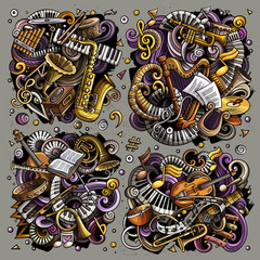Naklejka premium Colorful vector doodles cartoon set of classical musical instruments objects combinations