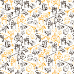 Honey Bee, Honeycomb And Jar Image Seamless Pattern Design In Sketch. Honey Comb, Pot, Bee Hive, Flowers Hand Drawn Vintage Elements On White Background Vector Illustration