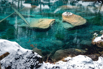 Glasklares Wasser des Blausee, Kandersteg, Berner Oberland