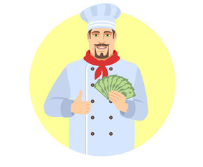 Chef with cash money showing thumb up