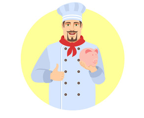 Chef with piggy bank showing thumb up.