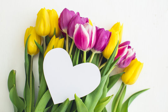 Greeting card - Pink and yellow tulips on a white background