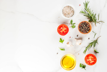 Cooking background, herbs, salt, spices, olive oil, white background copy space top view