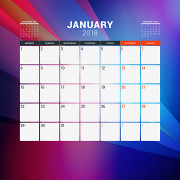 January 2018. Calendar planner design template with abstract background. Week starts on Monday