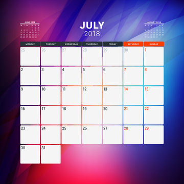 July 2018. Calendar planner design template with abstract background. Week starts on Monday