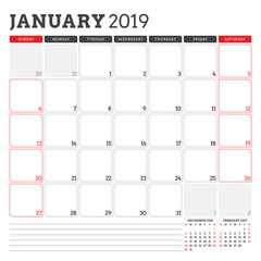 Calendar planner for January 2019. Week starts on Sunday. Printable vector stationery design template