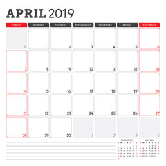 Calendar planner for April 2019. Week starts on Sunday. Printable vector stationery design template