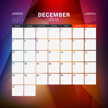 December 2018. Calendar planner design template with abstract background. Week starts on Monday