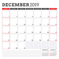Calendar planner for December 2019. Week starts on Sunday. Printable vector stationery design template