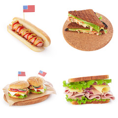 Junk fast food collage of burgers, sandwiches and hot-dogs isolated on white background